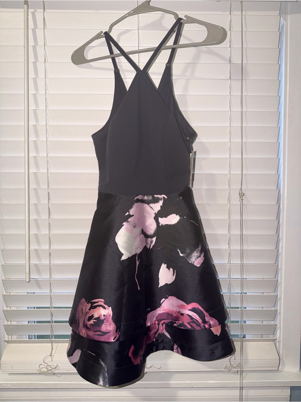 Speechless Black Halter Mini Dress with Pink Floral Skirt